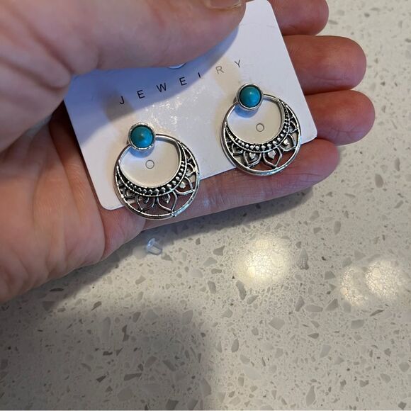 Elegant Faux Turquoise Lotus Stud Earrings - Picture 7 of 11